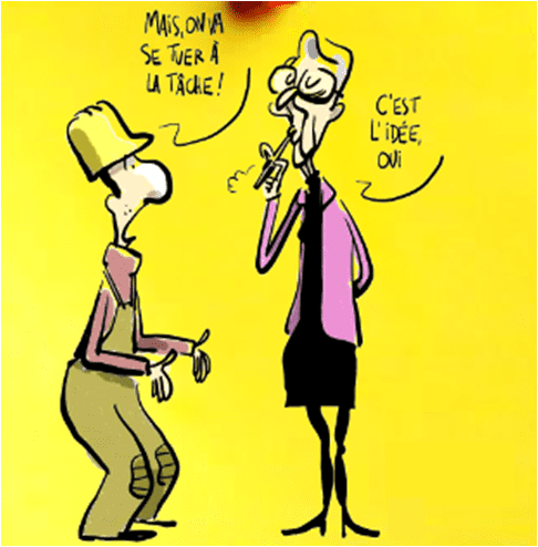 Un ouvrier dit à Elisabeth Borne "Mais on va se tuer à la tâche !" et elle lui répond, la cigarette au bec "C'est l'idée oui".